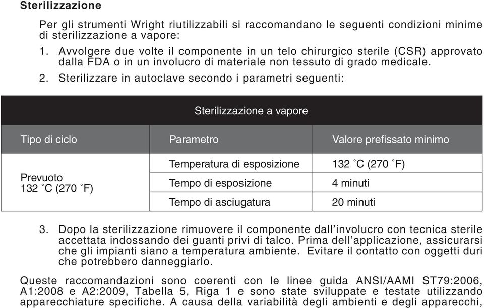 Sterilizzare in autoclave secondo i parametri seguenti: Sterilizzazione a vapore Tipo di ciclo Parametro Valore prefissato minimo Prevuoto 132 C (270 F) Temperatura di esposizione Tempo di