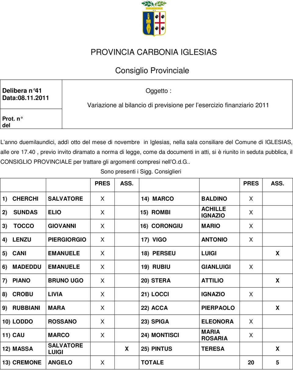 40, previo invito diramato a norma di legge, come da documenti in atti, si è riunito in seduta pubblica, il CONSIGLIO PROVINCIALE per trattare gli argomenti compresi nell O.d.G.. Sono presenti i Sigg.