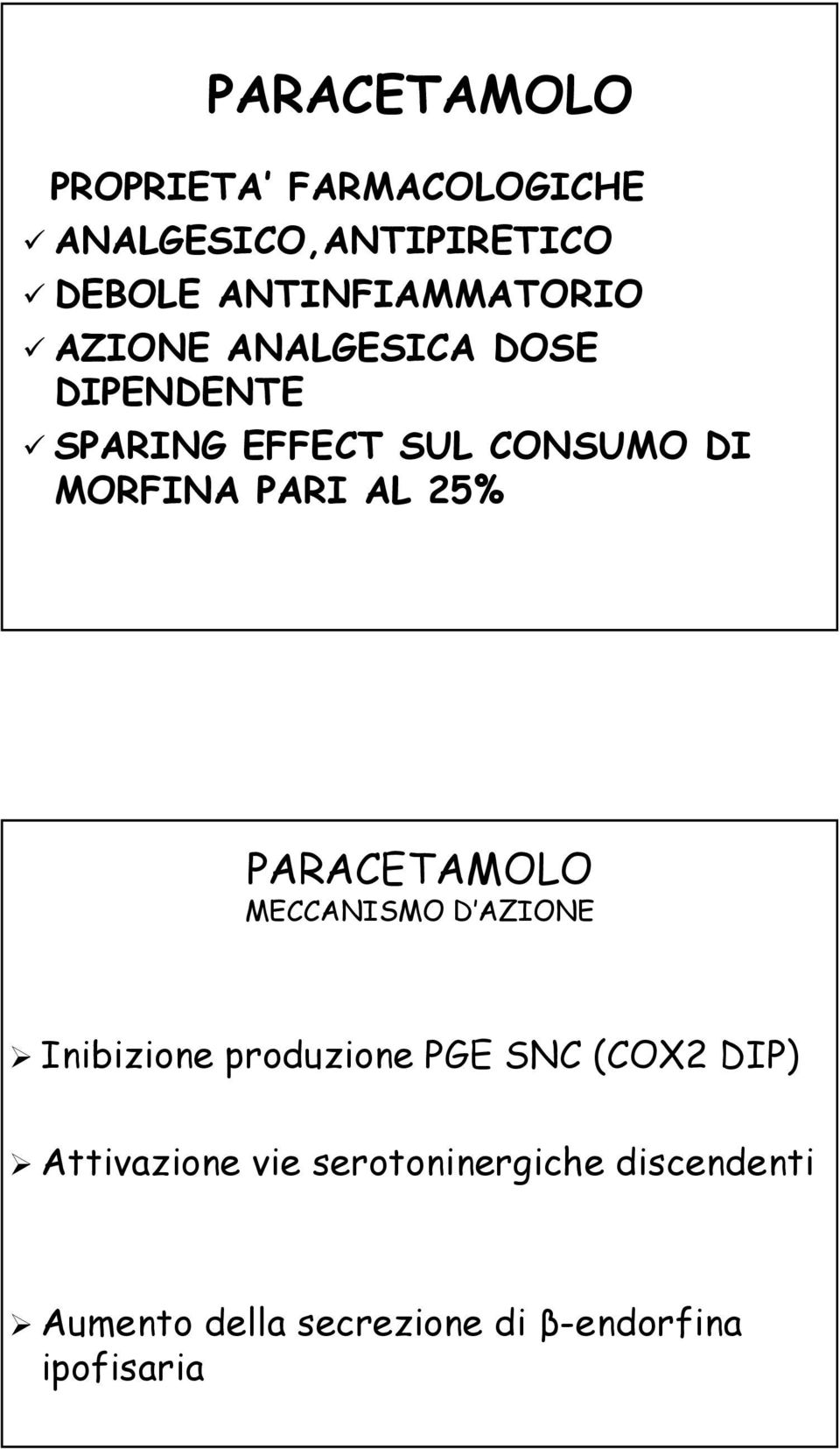 MORFINA PARI AL 25% PARACETAMOLO MECCANISMO D AZIONE Inibizione produzione PGE SNC