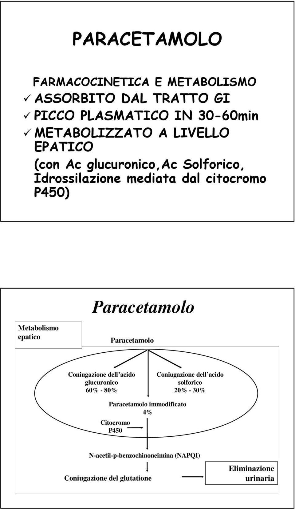 epatico Paracetamolo Coniugazione dell acido glucuronico 60% - 80% Coniugazione dell acido solforico 20% - 30%