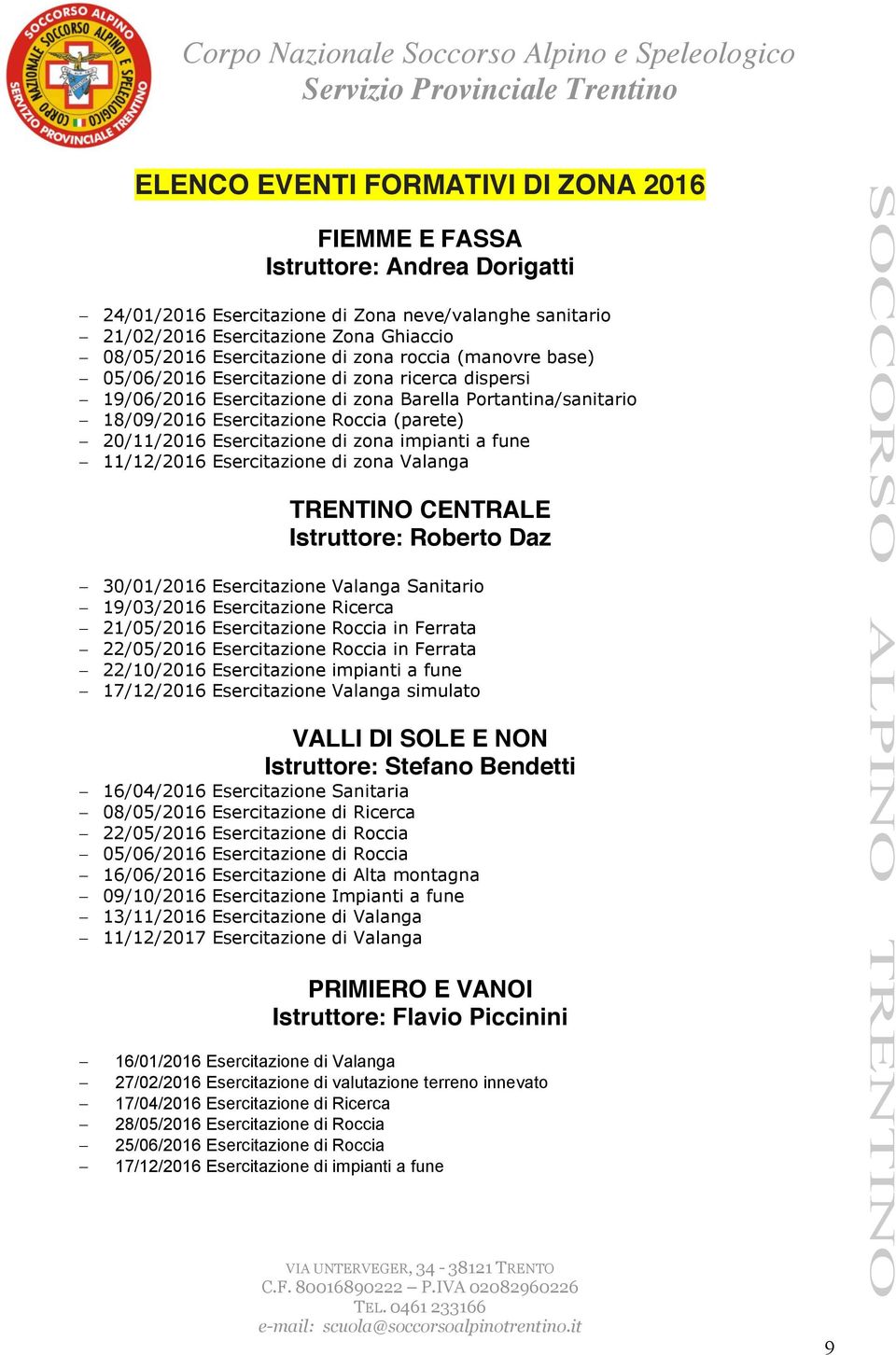 20/11/2016 Esercitazione di zona impianti a fune 11/12/2016 Esercitazione di zona Valanga TRENTINO CENTRALE Istruttore: Roberto Daz 30/01/2016 Esercitazione Valanga Sanitario 19/03/2016 Esercitazione