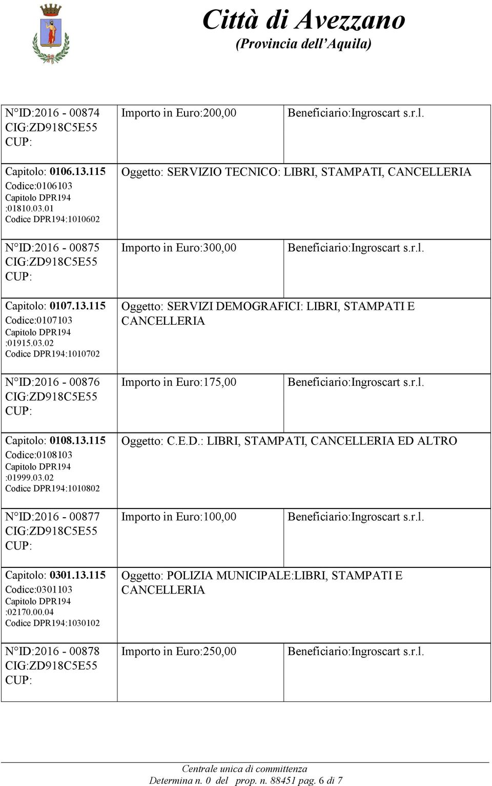 13.115 Codice:0108103 :01999.03.02 Codice DPR194:1010802 Oggetto: C.E.D.: LIBRI, STAMPATI, ED ALTRO N ID:2016-00877 Importo in Euro:100,00 Capitolo: 0301.13.115 Codice:0301103 :02170.