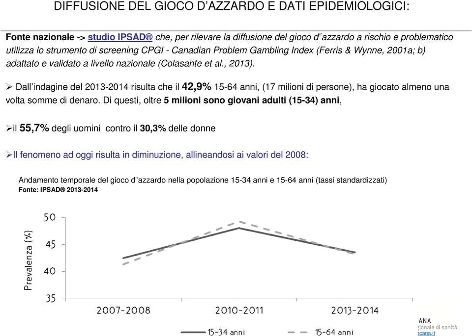 Dall indagine del 2013-2014 risulta che il 42,9% 15-64 anni, (17 milioni di persone), ha giocato almeno una volta somme di denaro.