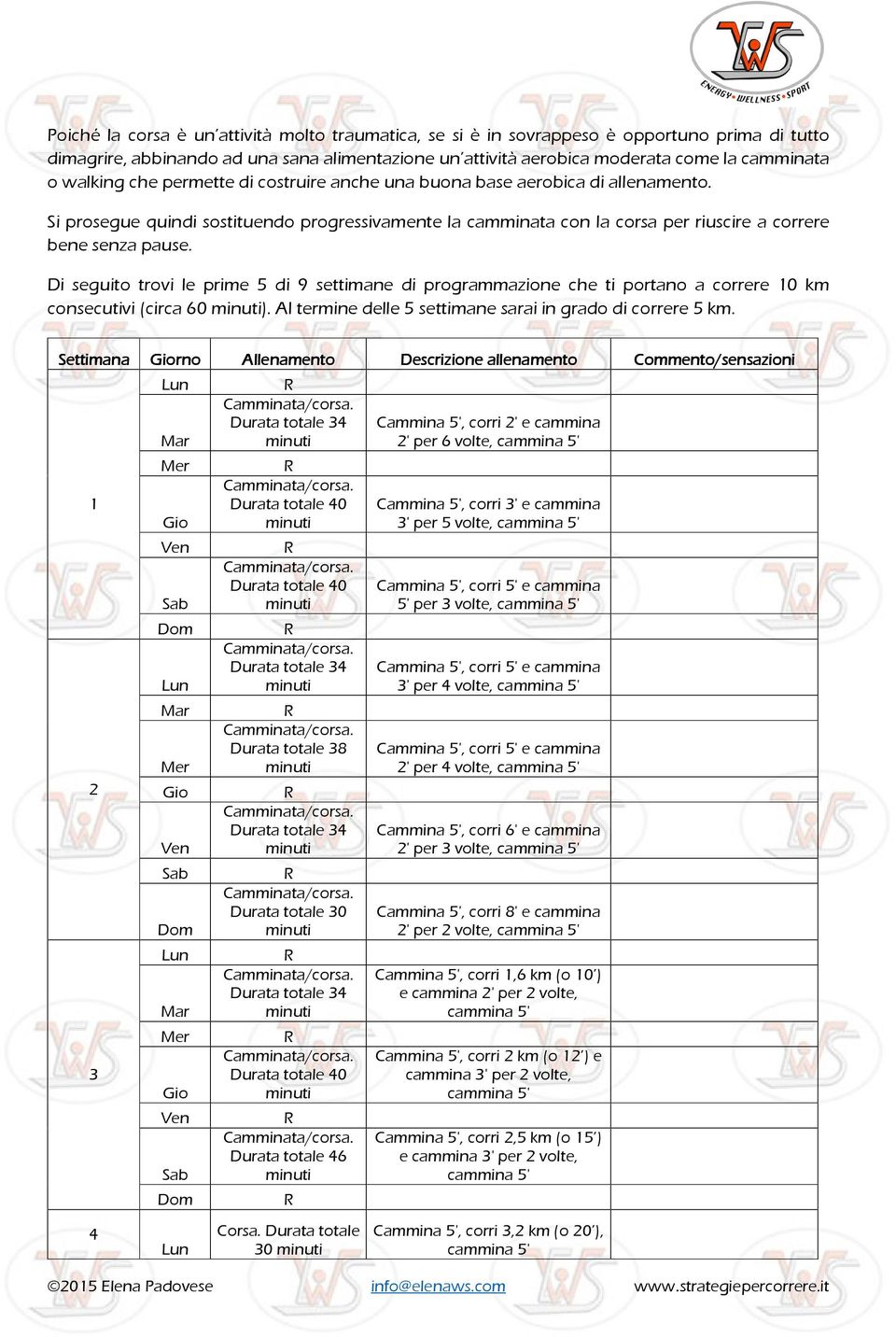 Di seguito trovi le prime 5 di 9 settimane di programmazione che ti portano a correre 10 km consecutivi (circa 60 ). Al termine delle 5 settimane sarai in grado di correre 5 km.