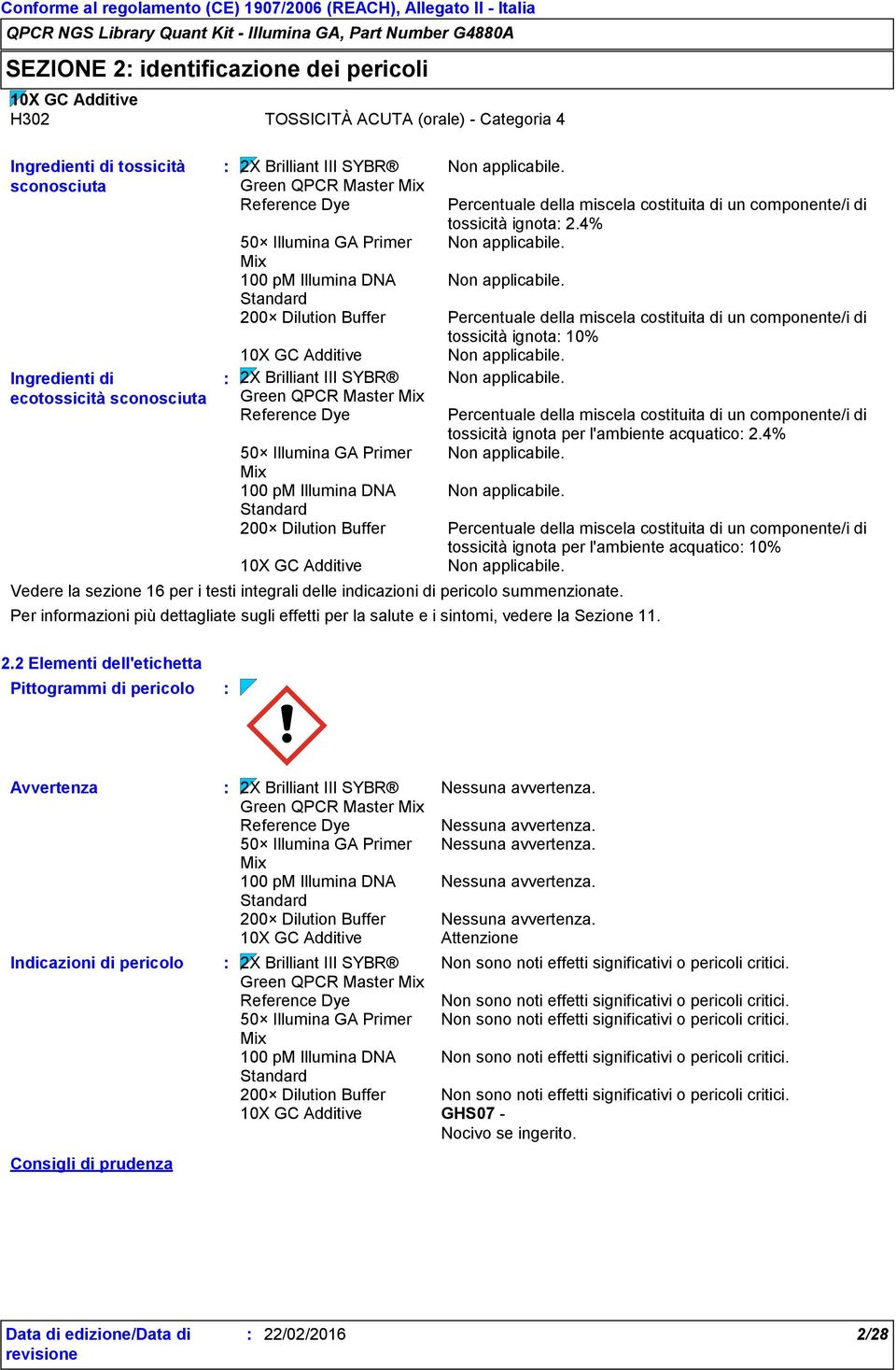 Non applicabile. 200 Dilution Buffer Percentuale della miscela costituita di un componente/i di tossicità ignota 10% Non applicabile.