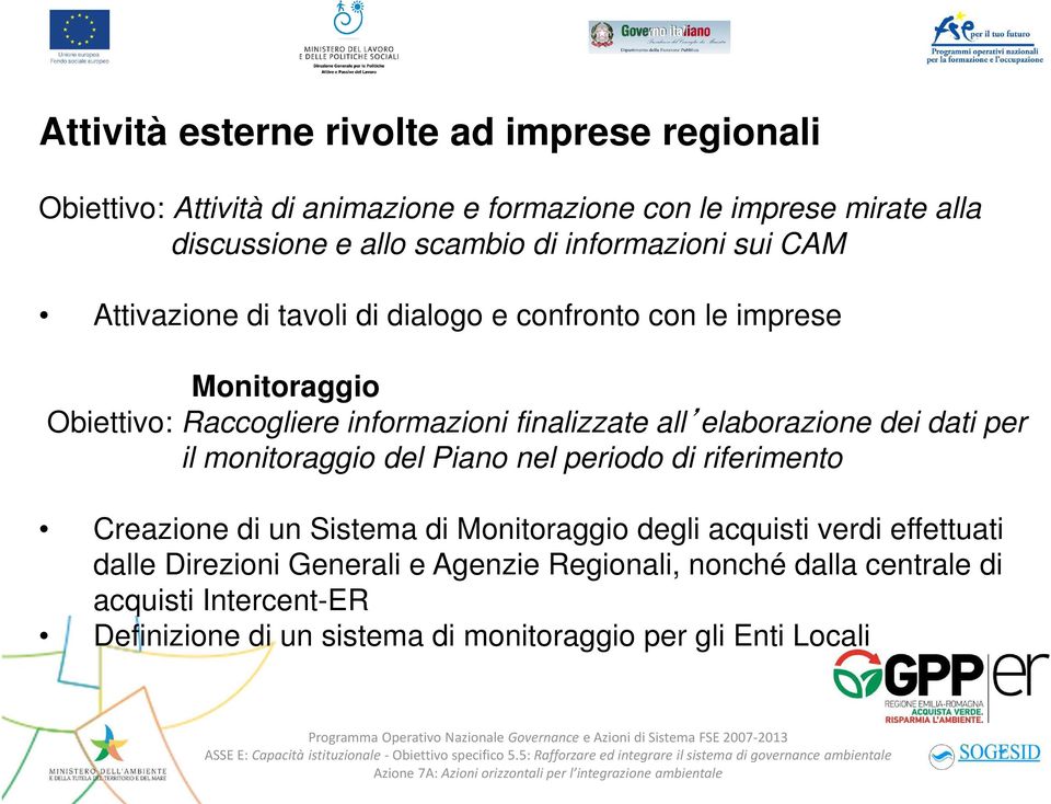 elaborazione dei dati per il monitoraggio del Piano nel periodo di riferimento Creazione di un Sistema di Monitoraggio degli acquisti verdi effettuati