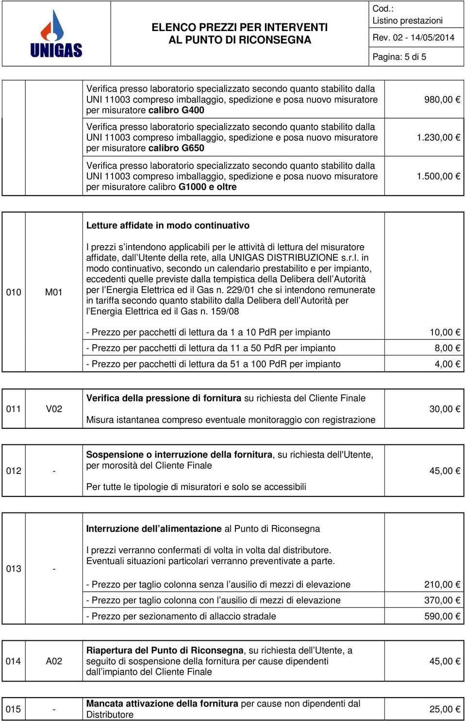 cabili per le attività di lettura del misuratore affidate, dall Utente della rete, alla UNIGAS DISTRIBUZIONE s.r.l. in modo continuativo, secondo un calendario prestabilito e per impianto, eccedenti quelle previste dalla tempistica della Delibera dell Autorità per l Energia Elettrica ed il Gas n.