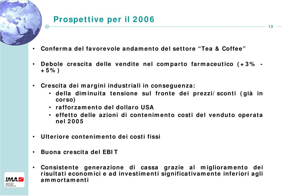 del dollaro USA effetto delle azioni di contenimento costi del venduto operata nel 2005 Ulteriore contenimento dei costi fissi Buona crescita del