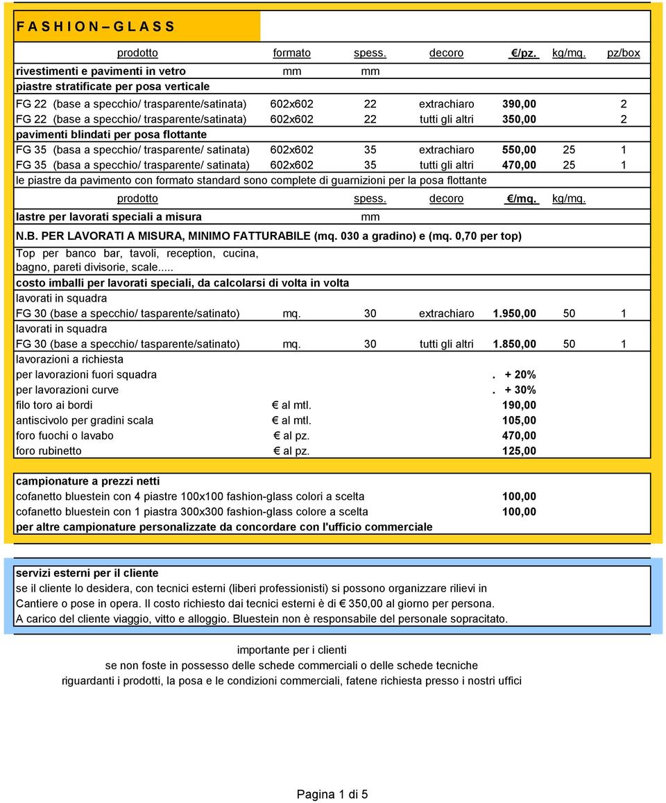 602x602 22 tutti gli altri 350,00 2 blindati per posa flottante FG 35 (basa a specchio/ trasparente/ satinata) 602x602 35 extrachiaro 550,00 25 1 FG 35 (basa a specchio/ trasparente/ satinata)