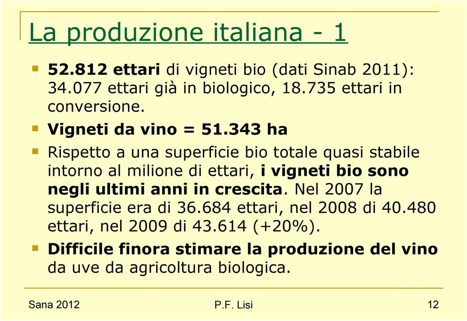 343 ha Rispetto a una superficie bio totale quasi stabile intorno al milione di ettari, i vigneti bio sono negli ultimi anni