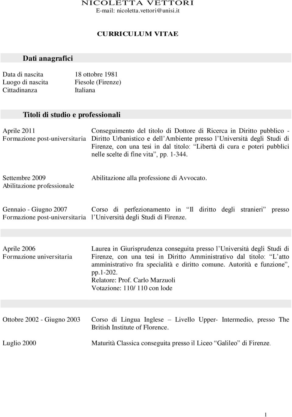 Conseguimento del titolo di Dottore di Ricerca in Diritto pubblico - Diritto Urbanistico e dell Ambiente presso l Università degli Studi di Firenze, con una tesi in dal titolo: Libertà di cura e