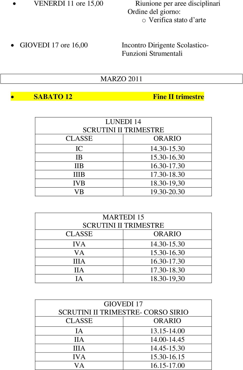 30-18.30 IVB 18.30-19,30 VB 19.30-20.30 MARTEDI 15 SCRUTINI II TRIMESTRE IVA 14.30-15.30 VA 15.30-16.30 IIIA 16.30-17.30 IIA 17.30-18.30 IA 18.