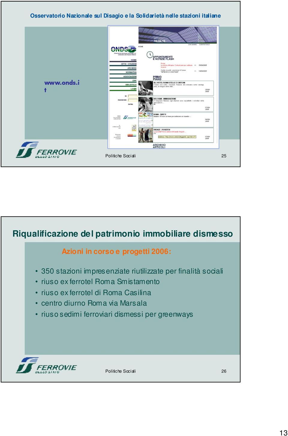2006: 350 stazioni impresenziate riutilizzate per finalità sociali riuso ex ferrotel Roma Smistamento