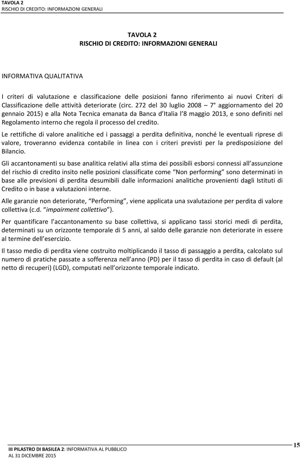 272 del 30 luglio 2008 7 aggiornamento del 20 gennaio 2015) e alla Nota Tecnica emanata da Banca d Italia l 8 maggio 2013, e sono definiti nel Regolamento interno che regola il processo del credito.