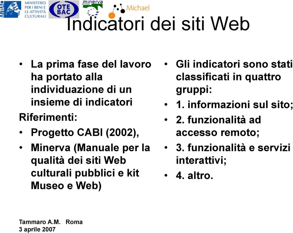 culturali pubblici e kit Museo e Web) Gli indicatori sono stati classificati in quattro gruppi: 1.