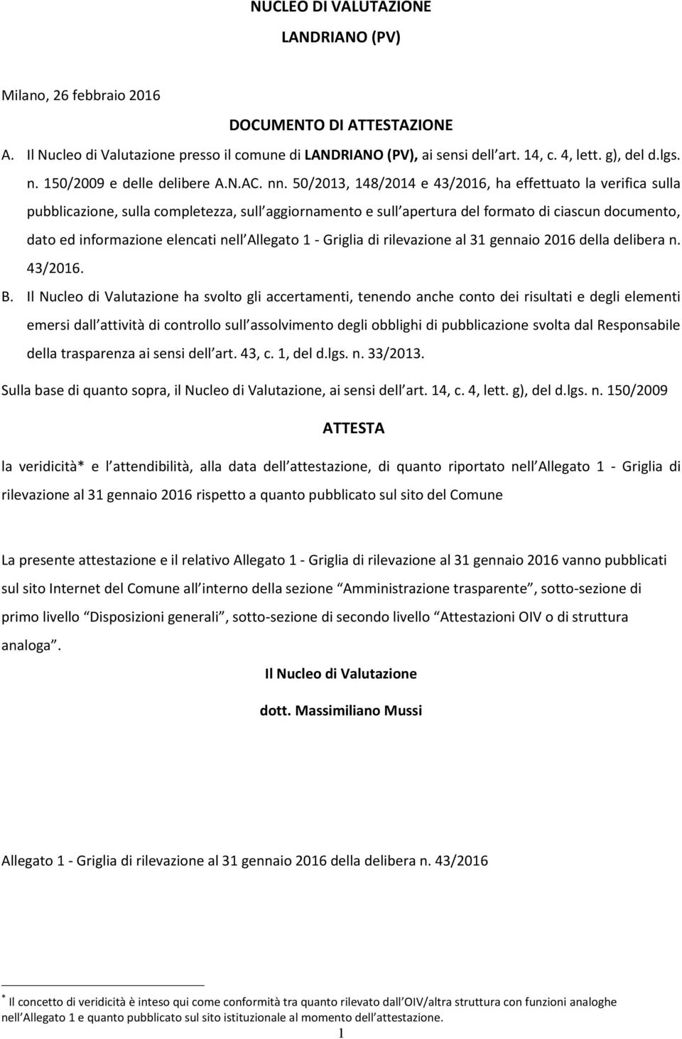 50/2013, 148/2014 e 43/2016, ha effettuato la verifica sulla pubblicazione, sulla completezza, sull aggiornamento e sull apertura del formato di ciascun documento, dato ed informazione elencati nell