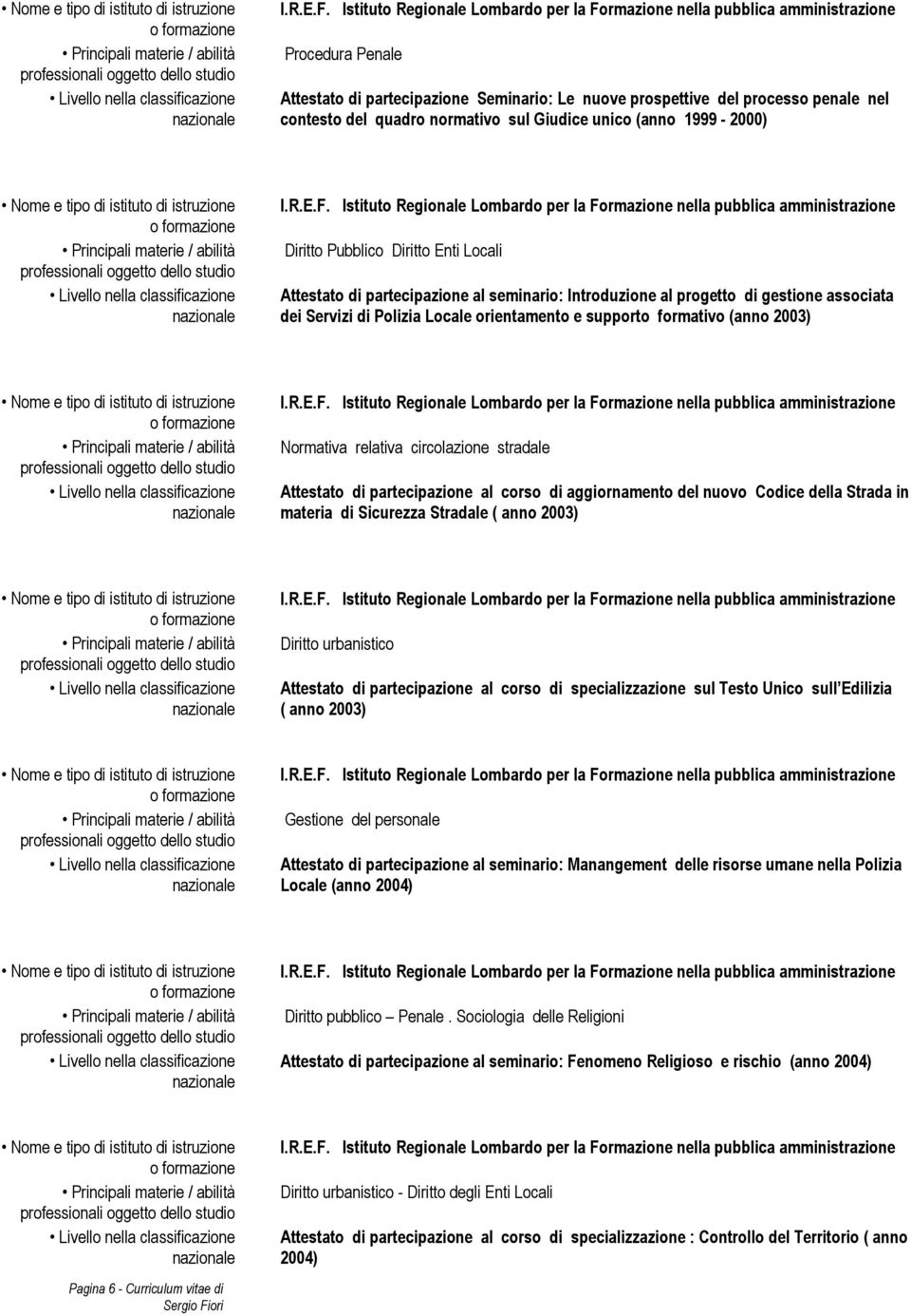 circolazione stradale Attestato di partecipazione al corso di aggiornamento del nuovo Codice della Strada in materia di Sicurezza Stradale ( anno 2003) Diritto urbanistico Attestato di partecipazione