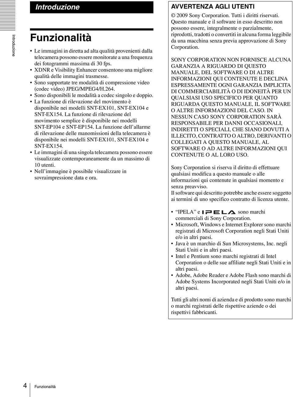 Sono disponibili le modalità a codec singolo e doppio. La funzione di rilevazione del movimento è disponibile nei modelli SNT-EX101, SNT-EX104 e SNT-EX154.