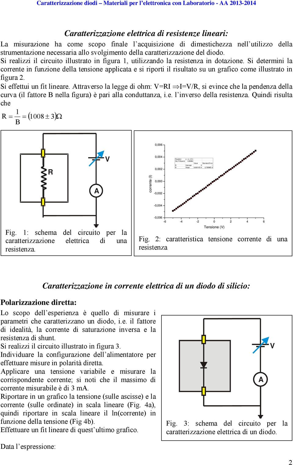 Si determini la corrente in funzione della tensione applicata e si riporti il risultato su un grafico come illustrato in figura 2. Si effettui un fit lineare.