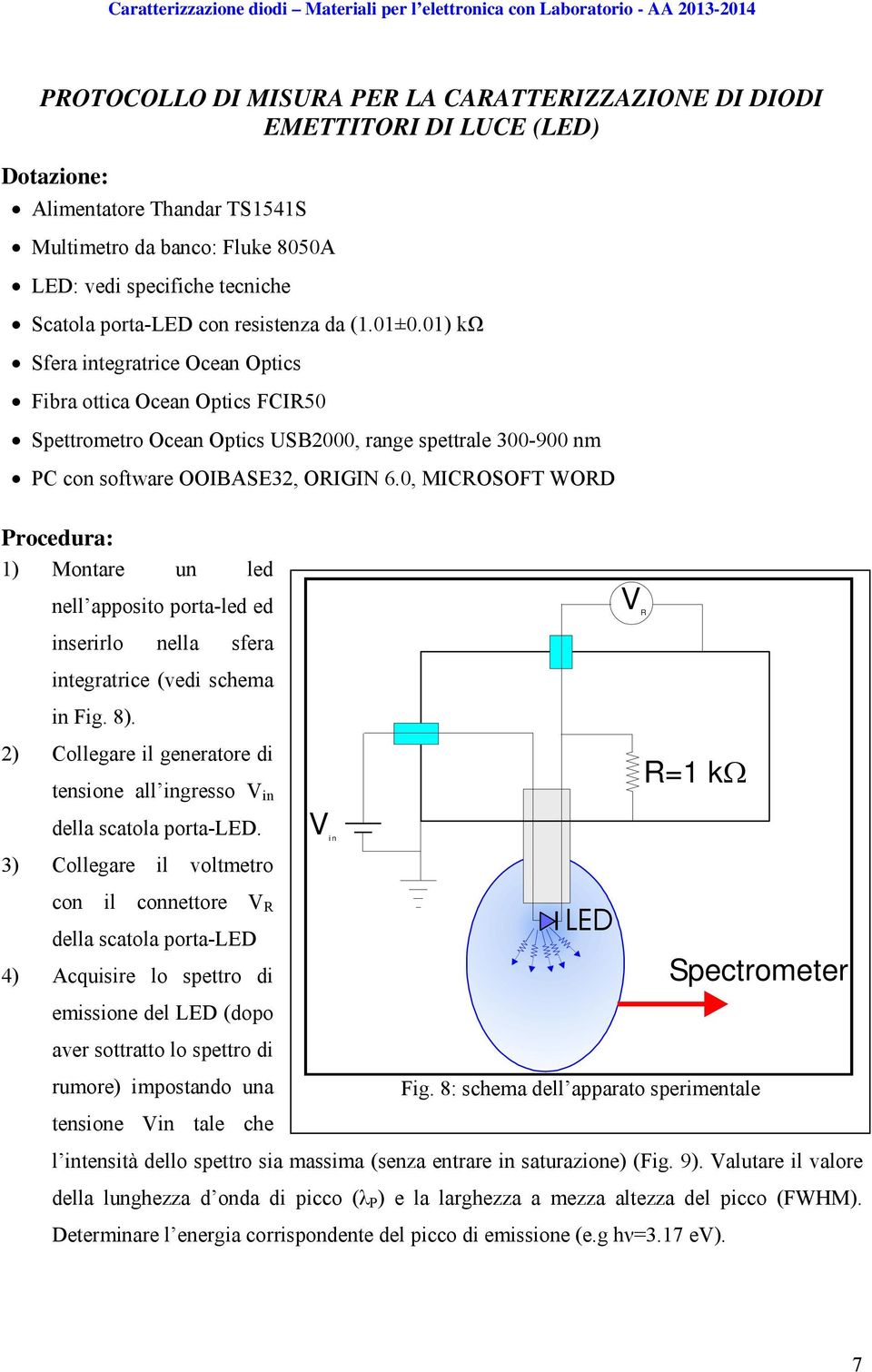 , MICROSOFT WORD Procedura: 1) Montare un led nell apposito porta-led ed VR inserirlo nella sfera integratrice (vedi schema in Fig. 8).