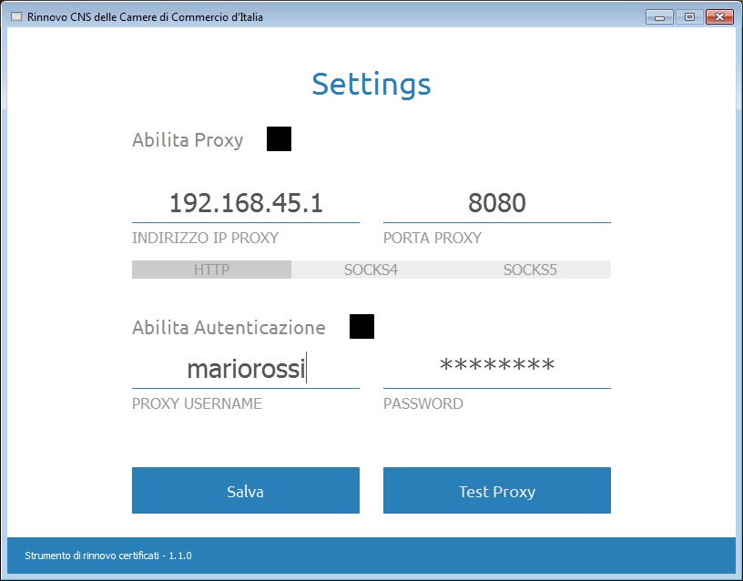 Tool di rinnovo self service Tool di rinnovo self service funzionamento Cliccando sul tasto Configura Proxy sarà possibile impostarne manualmente i parametri: Una volta impostati i parametri sarà