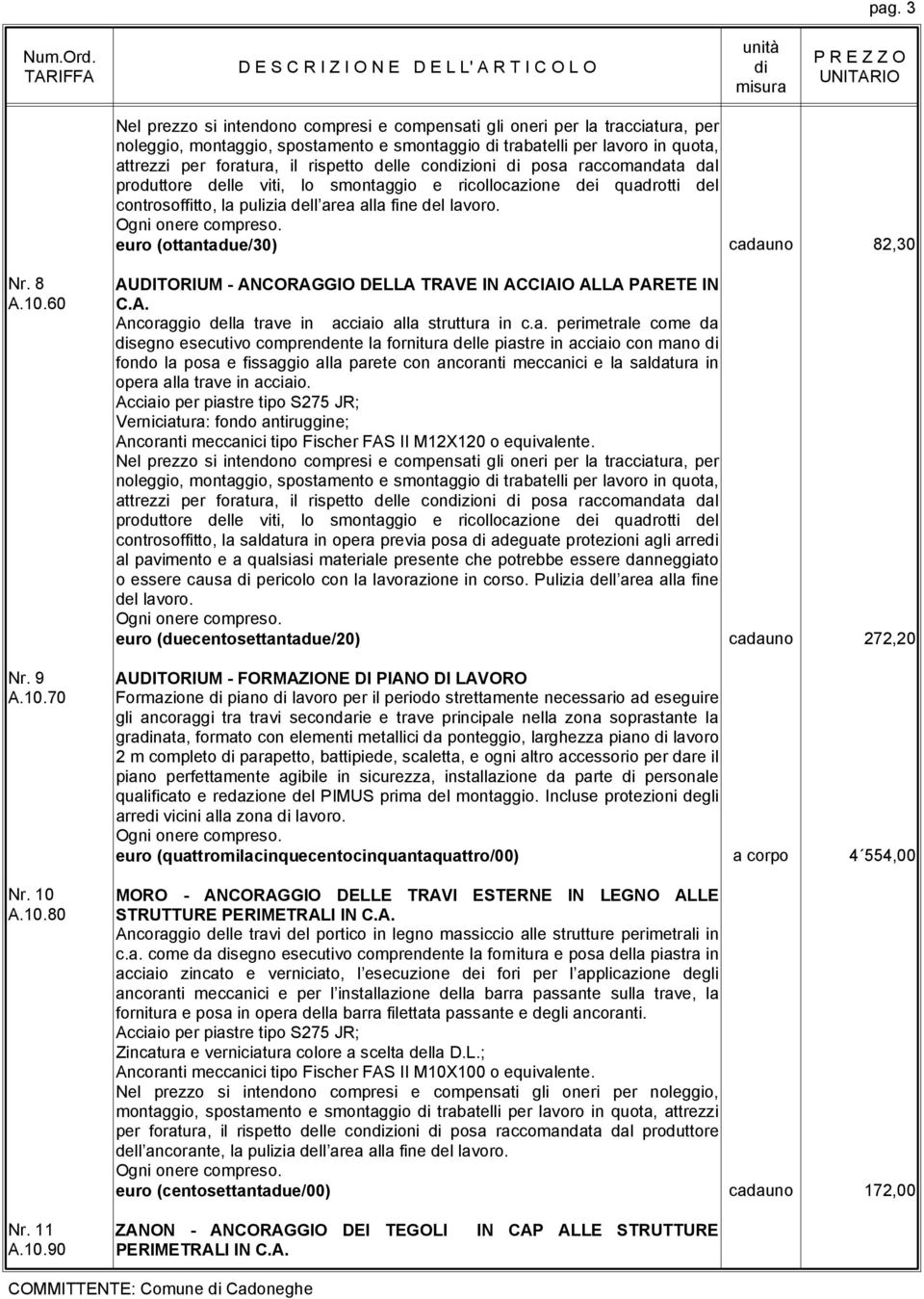 a. perimetrale come da segno esecutivo comprendente la fornitura delle piastre in acciaio con mano fondo la posa e fissaggio alla parete con ancoranti meccanici e la saldatura in opera alla trave in