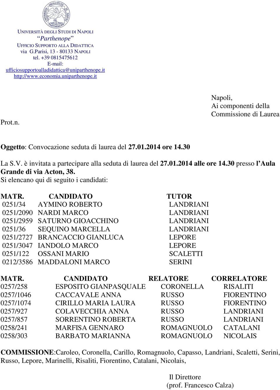 0251/34 AYMINO ROBERTO LANDRIANI 0251/2090 NARDI MARCO LANDRIANI 0251/2959 SATURNO GIOACCHINO LANDRIANI 0251/36 SEQUINO MARCELLA LANDRIANI 0251/2727 BRANCACCIO GIANLUCA LEPORE 0251/3047 IANDOLO MARCO