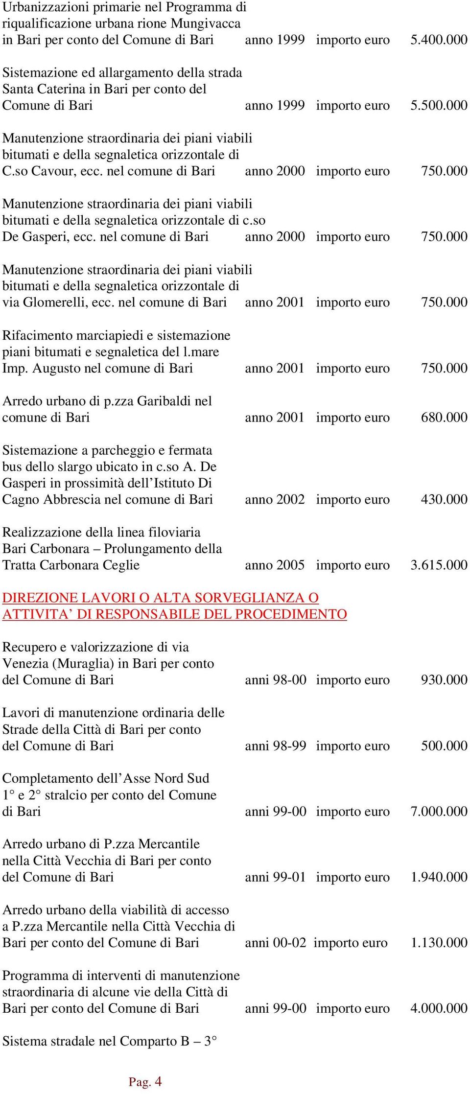 000 c.so De Gasperi, ecc. nel comune di Bari anno 2000 importo euro 750.000 via Glomerelli, ecc. nel comune di Bari anno 2001 importo euro 750.