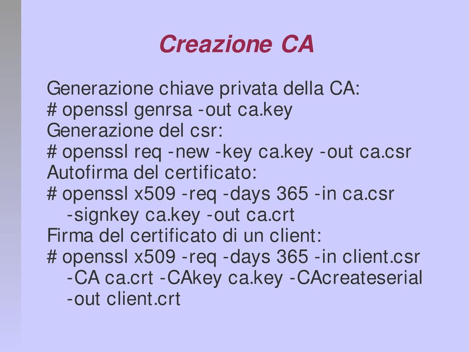 csr Autofirma del certificato: # openssl x509 -req -days 365 -in ca.csr -signkey ca.