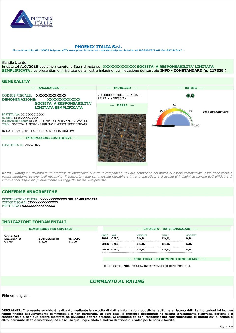 GENERALITA' --- ANAGRAFICA --- --- INDIRIZZO --- --- RATING --- CODICE FISCALE: XXXXXXXXXXXX DENOMINAZIONE: XXXXXXXXXXXXX SOCIETA' A RESPONSABILITA' LIMITATA SEMPLIFICATA PARTITA IVA: XXXXXXXXXXXXX N.