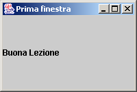 Esempio import javax.swing.*; import java.awt.*; Aggiunge una etichetta di testo al ContentPane Imposta la dim.