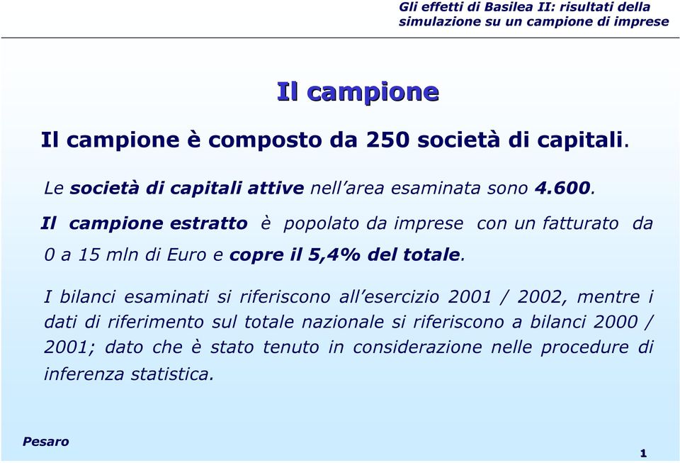 Il campione estratto è popolato da imprese con un fatturato da 0 a 15 mln di Euro e copre il 5,4% del totale.