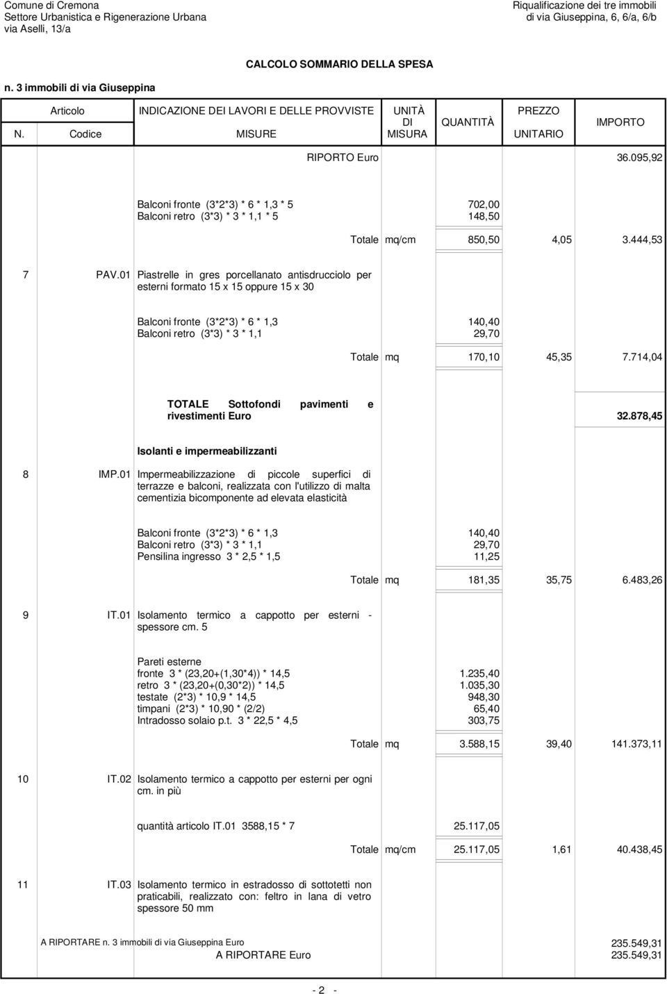 714,04 TOTALE Sottofondi pavimenti e rivestimenti Euro 32.878,45 Isolanti e impermeabilizzanti 8 IMP.