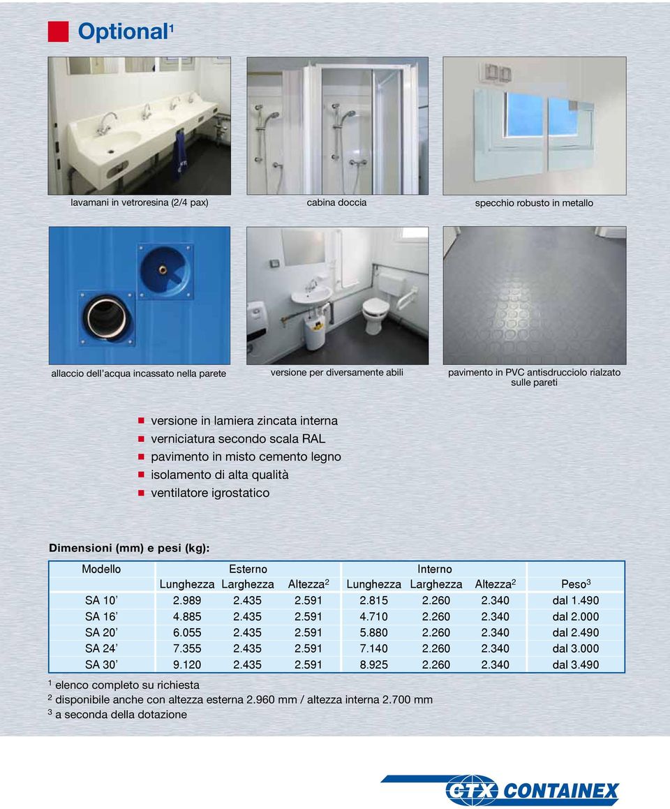 (kg): Modello SA 10 SA 16 SA 20 SA 24 SA 30 1 elenco completo su richiesta 2 disponibile anche con altezza esterna 2.960 mm / altezza interna 2.