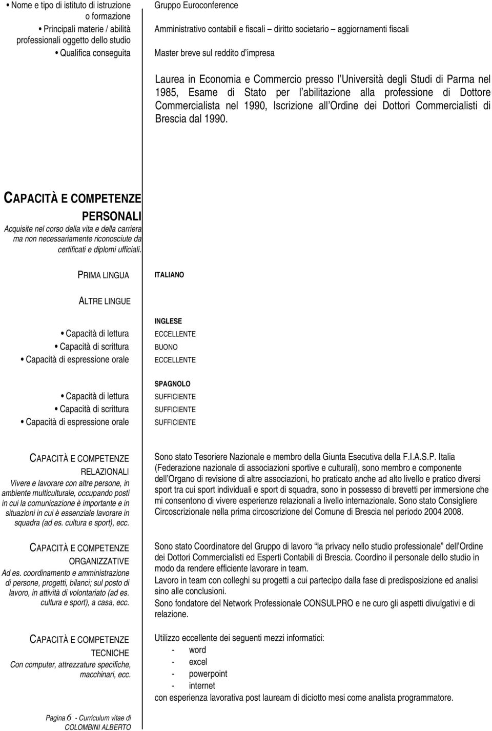 Iscrizione all Ordine dei Dottori Commercialisti di Brescia dal 1990. PERSONALI Acquisite nel corso della vita e della carriera ma non necessariamente riconosciute da certificati e diplomi ufficiali.