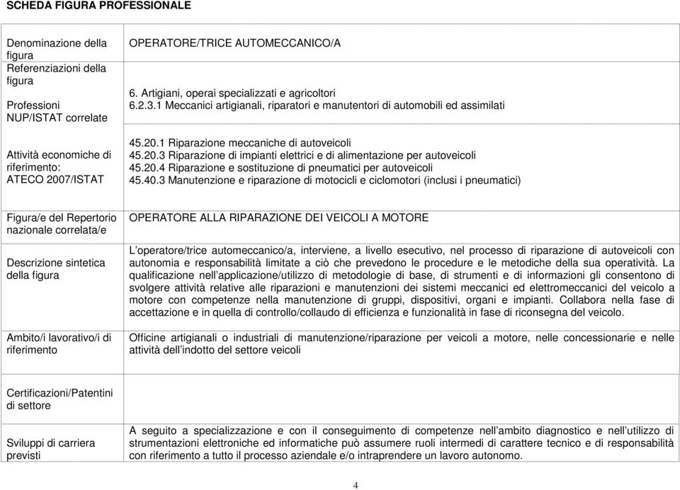 20.3 Riparazione di impianti elettrici e di alimentazione per autoveicoli 45.20.4 Riparazione e sostituzione di pneumatici per autoveicoli 45.40.