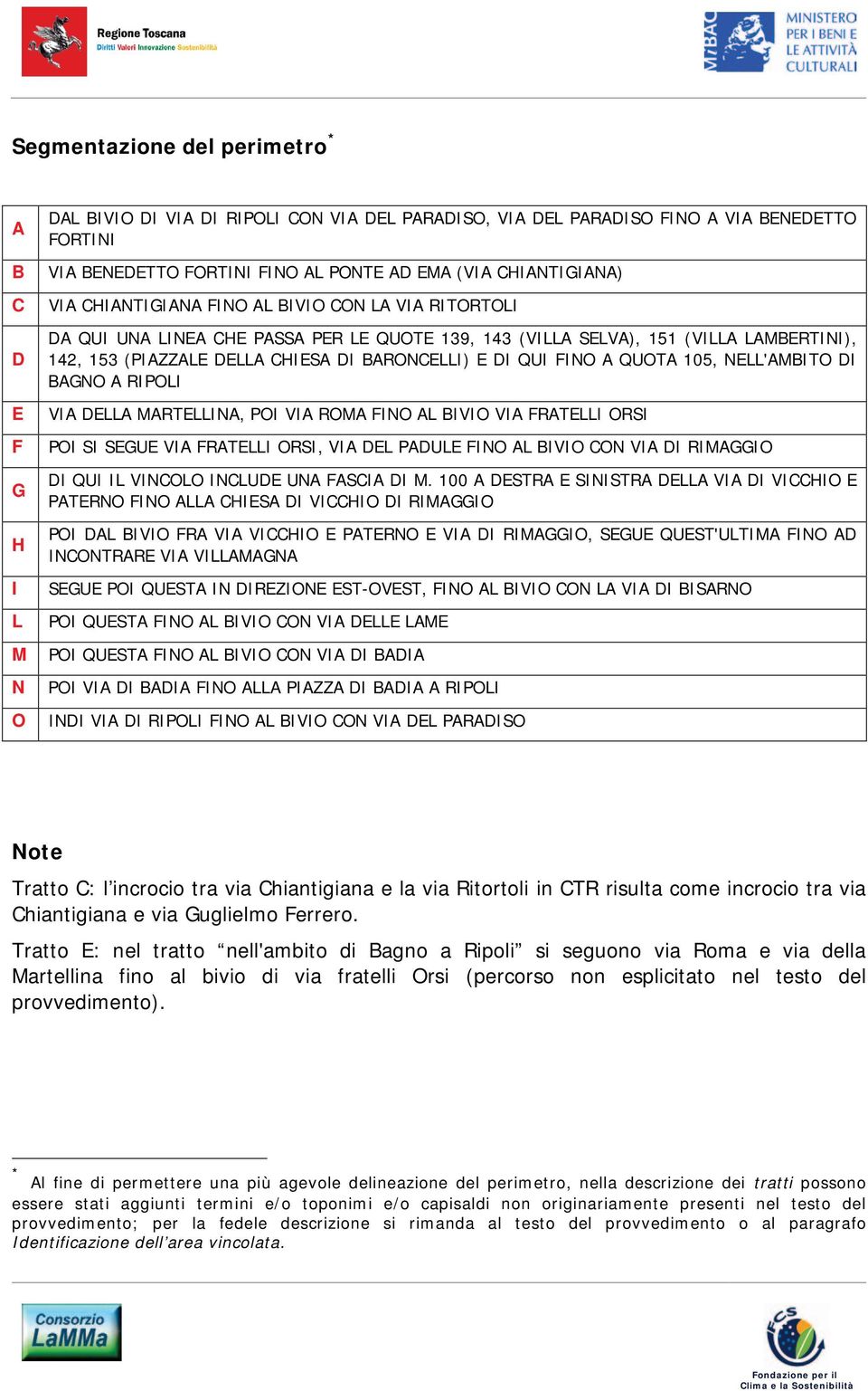 BARONCELLI) E DI QUI FINO A QUOTA 105, NELL'AMBITO DI BAGNO A RIPOLI VIA DELLA MARTELLINA, POI VIA ROMA FINO AL BIVIO VIA FRATELLI ORSI POI SI SEGUE VIA FRATELLI ORSI, VIA DEL PADULE FINO AL BIVIO