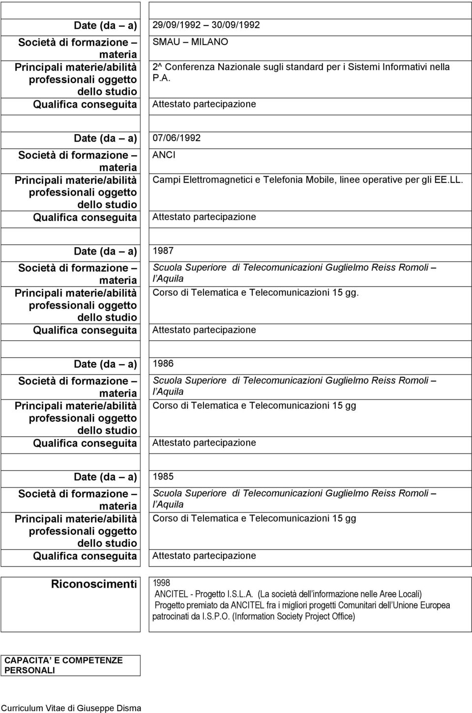 Date (da a) 1986 Scuola Superiore di Telecomunicazioni Guglielmo Reiss Romoli l Aquila Corso di Telematica e Telecomunicazioni 15 gg Date (da a) 1985 Scuola Superiore di Telecomunicazioni Guglielmo