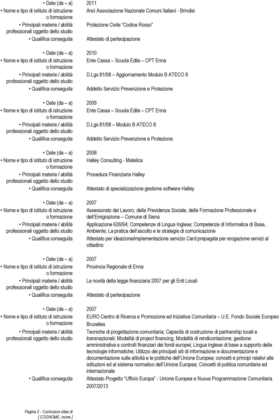 Lgs 81/08 Aggiornamento Modulo B ATECO 8 Date (da a) 2009 Nome e tipo Lgs 81/08 Modulo B ATECO 8 Date (da a) 2008 Nome e tipo di istituto di istruzione Halley Consulting - Matelica Principali materie