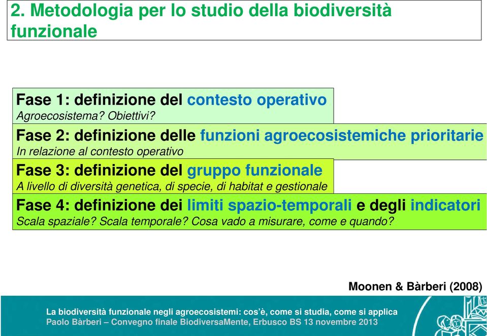 genetica, di specie, di habitat e gestionale Fase 4: definizione dei limiti spazio-temporali e degli indicatori Scala spaziale? Scala temporale?