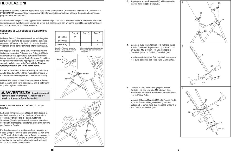 programma di allenamento. 9 Accertare che tutti i pezzi siano opportunamente serrati ogni volta che si utilizza la tavola di Sostituire immediatamente eventuali pezzi usurati.