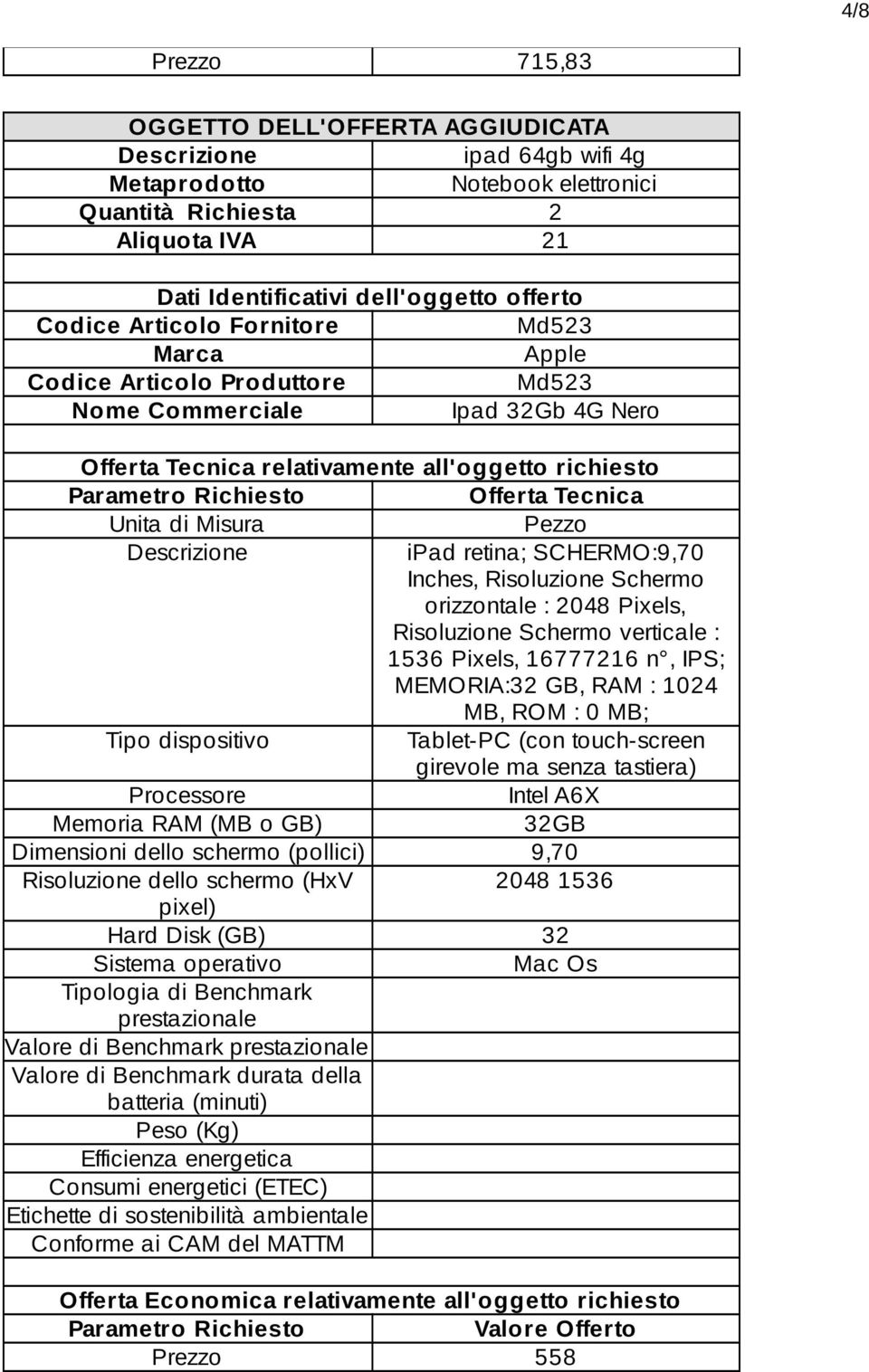 SCHERMO:9,70 Inches, Risoluzione Schermo orizzontale : 2048 Pixels, Risoluzione Schermo verticale : 1536 Pixels, 16777216 n, IPS; MEMORIA:32 GB, RAM : 1024 MB, ROM : 0 MB; Tipo dispositivo Tablet-PC