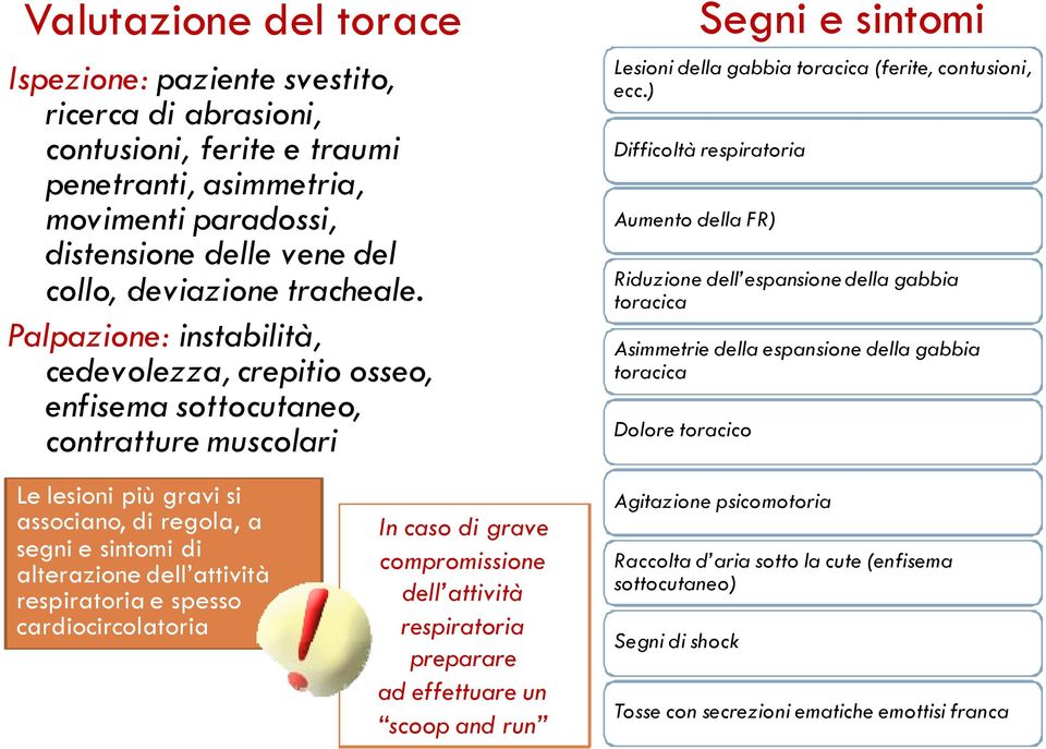 ) Difficoltà respiratoria Aumento della FR) Riduzione dell espansione della gabbia toracica Asimmetrie della espansione della gabbia toracica Dolore toracico Segni e sintomi Le lesioni più gravi si