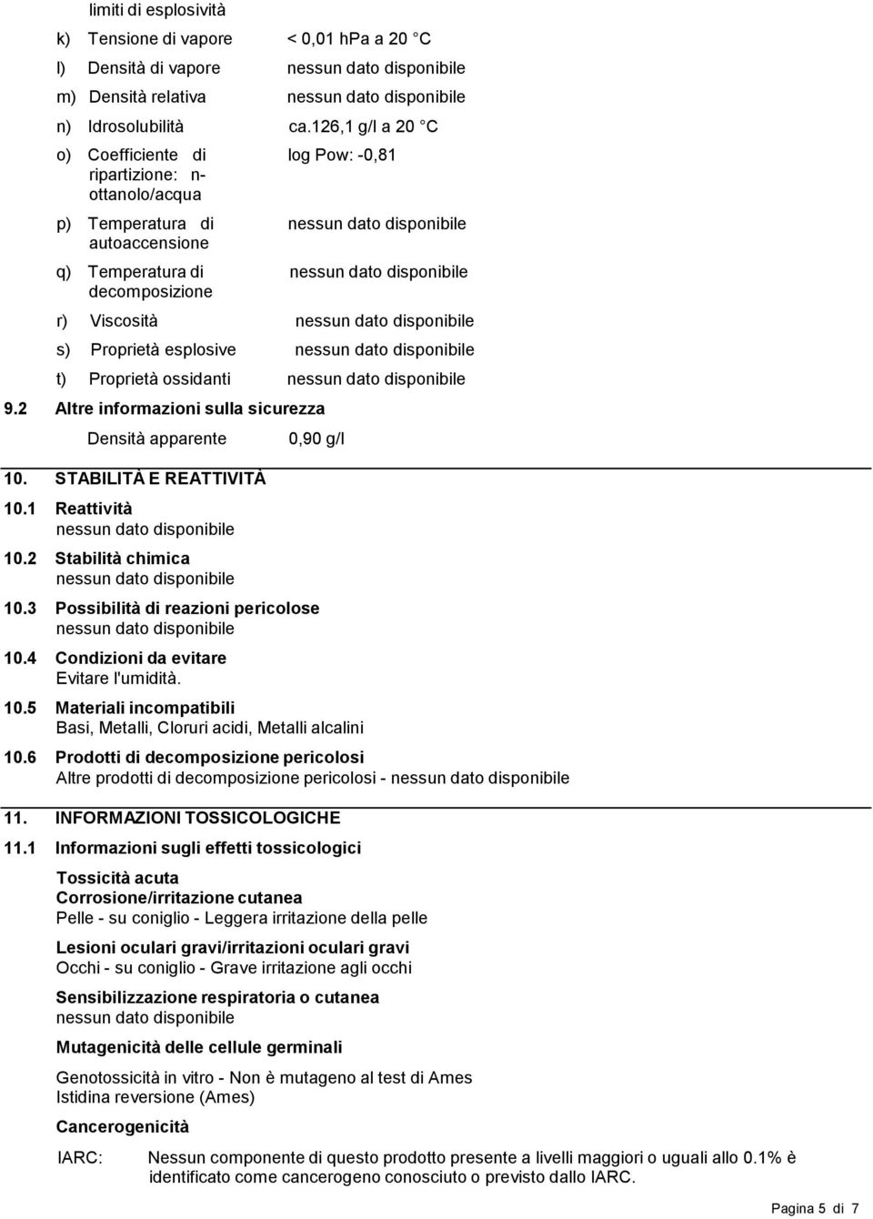 ossidanti 9.2 Altre informazioni sulla sicurezza Densità apparente 10. STABILITÀ E REATTIVITÀ 10.1 Reattività 10.2 Stabilità chimica 0,90 g/l 10.3 Possibilità di reazioni pericolose 10.