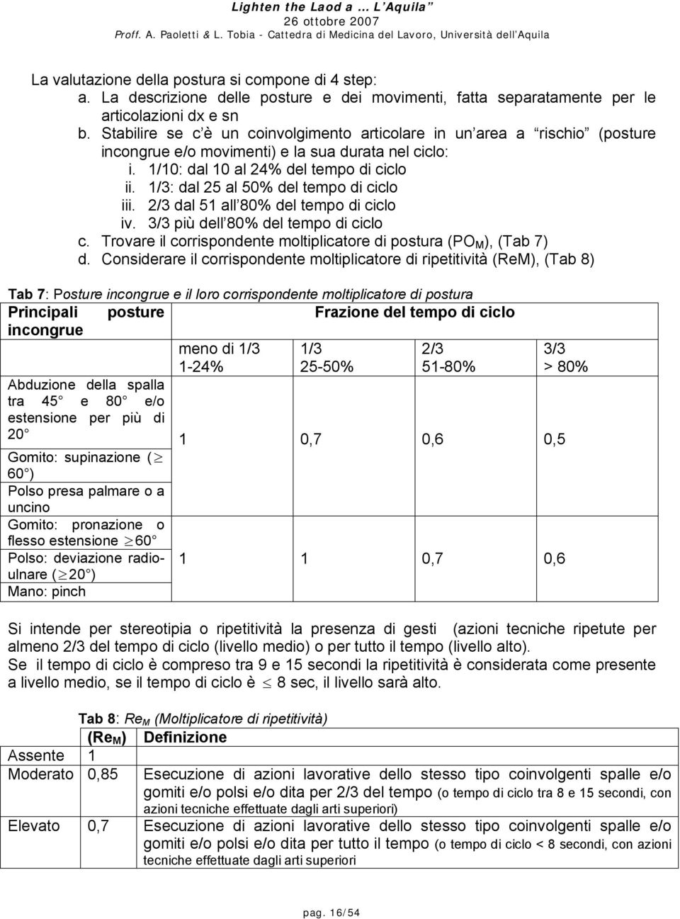 1/3: dal 25 al 50% del tempo di ciclo iii. 2/3 dal 51 all 80% del tempo di ciclo iv. 3/3 più dell 80% del tempo di ciclo c. Trovare il corrispondente moltiplicatore di postura (PO M ), (Tab 7) d.