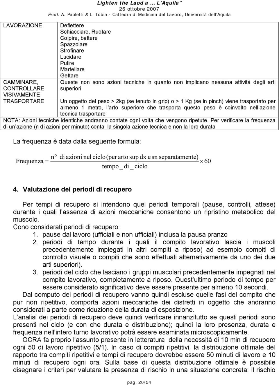 arto superiore che trasporta questo peso è coinvolto nell azione tecnica trasportare NOTA: Azioni tecniche identiche andranno contate ogni volta che vengono ripetute.