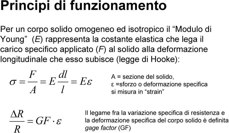 Hooke): F dl σ = = E = A l Eε A = sezione del solido, ε =sforzo o deformazione specifica si misura in strain R Il legame