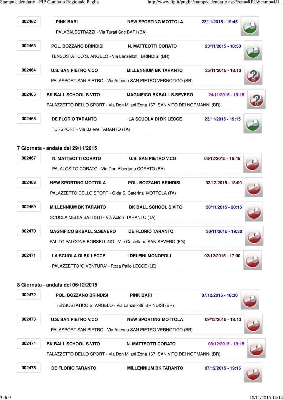 SEVERO 24/11/2015-19:15 002466 DE FLORIO TARANTO LA SCUOLA DI BK LECCE 23/11/2015-19:15 7 Giornata - andata del 29/11/2015 002467 N. MATTEOTTI CORATO U.S. SAN PIETRO V.