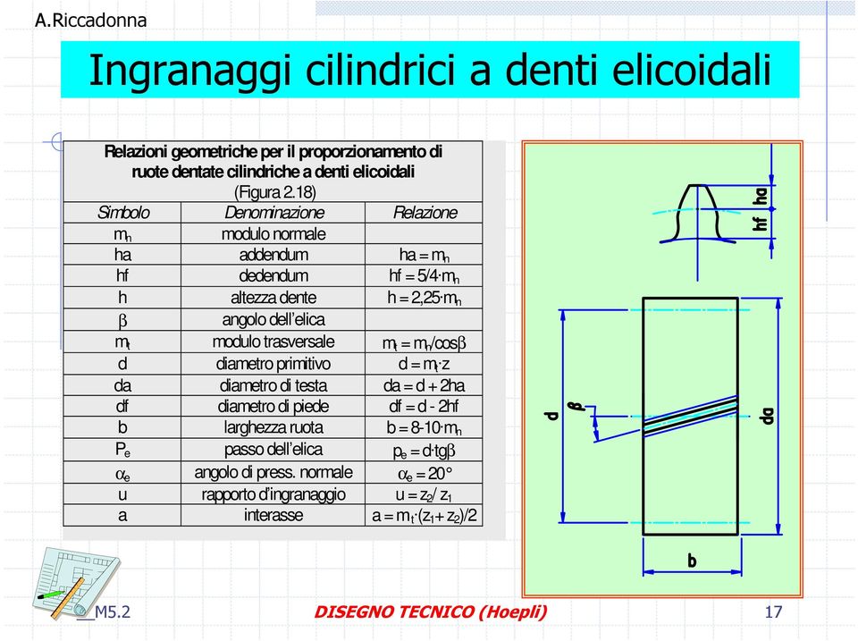 trasversale m t = m n /cosβ d diametro primitivo d = m t z da diametro di testa da = d + 2ha df diametro di piede df = d - 2hf b larghezza ruota b = 8-10 m n P