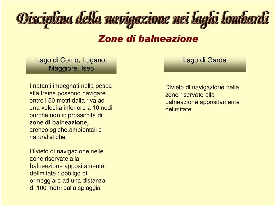 archeologiche,ambientali e naturalistiche Divieto di navigazione nelle zone riservate alla balneazione appositamente delimitate